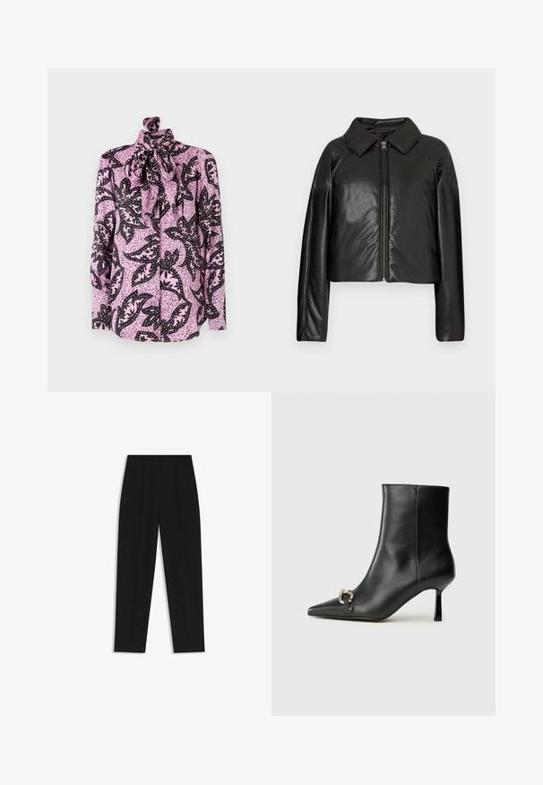 Schwarze Kunstleder-Cropped-Jacke mit Kragen und Reißverschluss. Mit langen Ärmeln und glatter, glänzender Textur.; Rosa Bluse mit einem schwarzen Blumenmuster und gesprenkelten Akzenten, einem hohen Kragen und einem großen Schleifendetail am Kragen. Lange Ärmel.; Schwarze Hose mit geradem Schnitt, doppelten Falten, einer glatten Textur und einem klassischen Bunddesign. Keine sichtbaren Beschläge oder Akzente.; Schwarze Leder-Stiefelette mit spitzer Zehe, schlankem, mittelhohem Absatz und silberner Schnalle seitlich vor einem schlichten Hintergrund.
