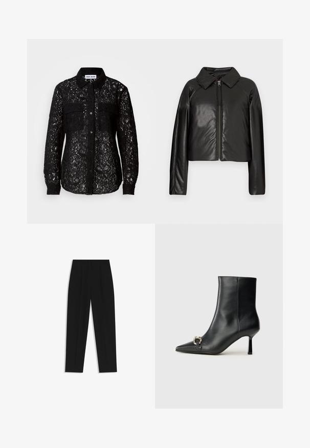 Black faux leather cropped jacket with a collared neckline and zip closure. Features long sleeves and smooth, glossy texture.; Black lace button-up shirt with two front pockets, collar, long sleeves, and textured floral pattern throughout.; Black trousers with a straight fit, featuring double pleats, a smooth texture, and a classic waistband design. No visible hardware or accents.; Black leather ankle boot with pointed toe, slim mid-height heel, and silver buckle detail on side against plain background.