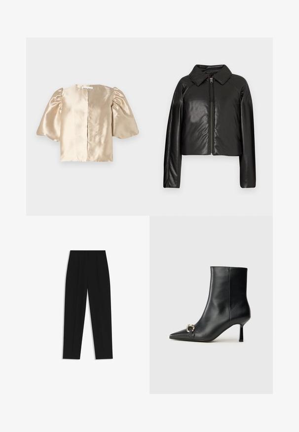 Black faux leather cropped jacket with a collared neckline and zip closure. Features long sleeves and smooth, glossy texture.; Satin beige cropped top with puff sleeves, round neckline, and central closure. The design features a smooth texture with a subtle sheen.; Black trousers with a straight fit, featuring double pleats, a smooth texture, and a classic waistband design. No visible hardware or accents.; Black leather ankle boot with pointed toe, slim mid-height heel, and silver buckle detail on side against plain background.
