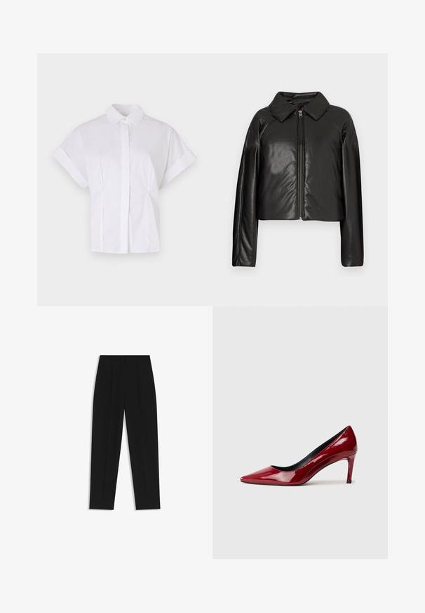 Black faux leather cropped jacket with a collared neckline and zip closure. Features long sleeves and smooth, glossy texture.; White short-sleeve shirt made of cotton with a button-down collar, front placket, and subtle side pleats for a relaxed fit.; Black trousers with a straight fit, featuring double pleats, a smooth texture, and a classic waistband design. No visible hardware or accents.; Red patent leather high-heeled shoe with a pointed toe and a slim heel. Smooth texture with a glossy finish and black interior lining.