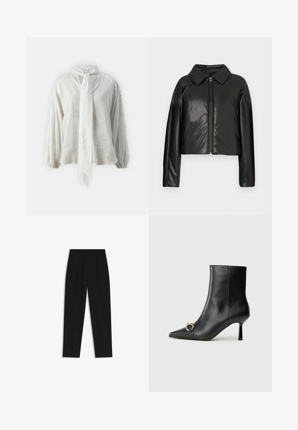 Schwarze Kunstleder-Cropped-Jacke mit Kragen und Reißverschluss. Mit langen Ärmeln und glatter, glänzender Textur.; Weiße, leichte Bluse mit einem Bindekragen, Ballonärmeln und strukturierten Akzenten an den Schultern. Hergestellt aus einem weichen, atmungsaktiven Stoff.; Schwarze Hose mit geradem Schnitt, doppelten Falten, einer glatten Textur und einem klassischen Bunddesign. Keine sichtbaren Beschläge oder Akzente.; Schwarze Leder-Stiefelette mit spitzer Zehe, schlankem, mittelhohem Absatz und silberner Schnalle seitlich vor einem schlichten Hintergrund.