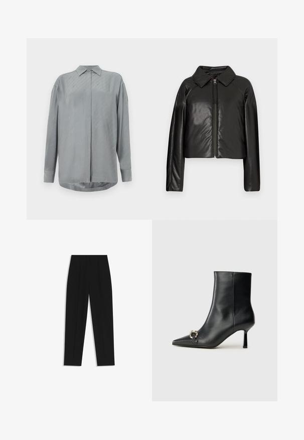 Giacca cropped nera in ecopelle con colletto e chiusura a zip. Caratterizzata da maniche lunghe e una texture liscia e lucida.; Camicia grigia chiaro a maniche lunghe in tessuto morbido con abbottonatura frontale e sottili motivi diagonali. Colletto classico e orlo arrotondato.; Pantaloni neri a taglio dritto, con doppie pieghe, una texture liscia e un design classico in vita. Nessun hardware o dettaglio visibile.; Stivale alla caviglia in pelle nera con punta affusolata, tacco sottile di media altezza e dettaglio in fibbia argentata sul lato, su sfondo semplice.