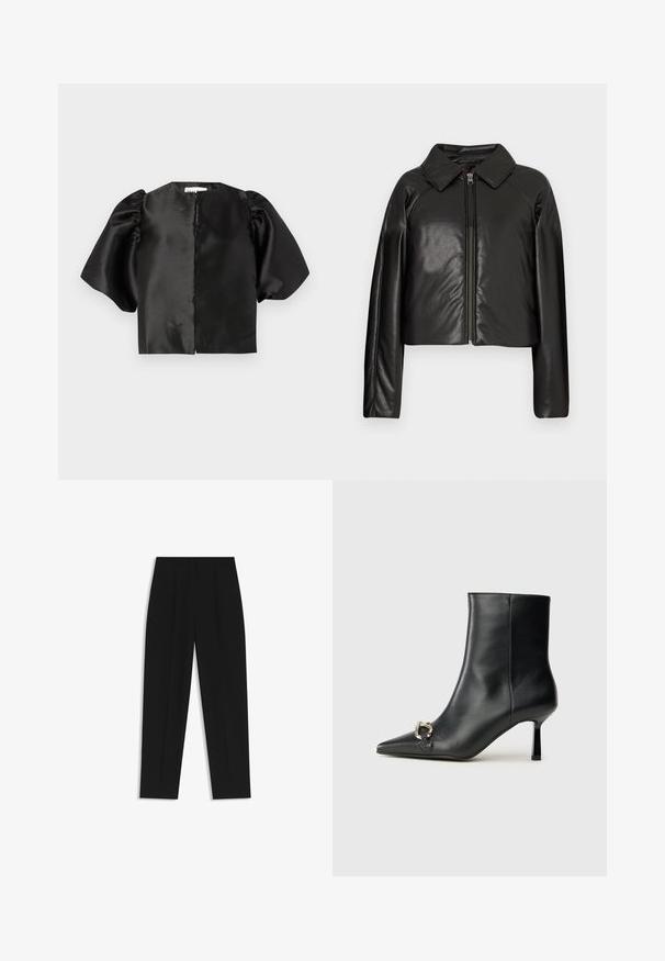 Sort kunstlæder cropped jakke med krave og lynlåslukning. Har lange ærmer og en glat, blank tekstur.; Sort satin cropped top med puffede korte ærmer og åbning foran. Glat tekstur med en blank finish, minimalistisk design.; Sorte bukser med lige pasform, der har dobbelte folder, en glat tekstur og et klassisk taljedesign. Ingen synlige hardware eller accenter.; Sort læder ankelstøvle med spidse tæer, slank hæl i mellemhøjde og sølvspænde detaljer på siden mod en ensfarvet baggrund.