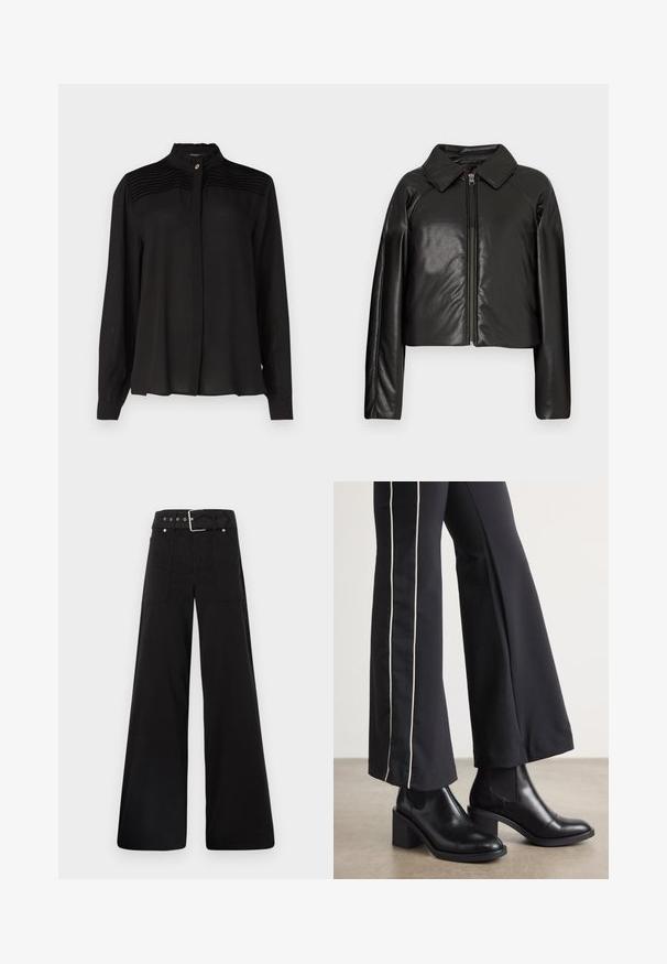 Čierna koženková skrátená bunda s golierom a zipsovým uzáverom. Má dlhé rukávy a hladký, lesklý povrch.; Čierna blúzka s dlhým rukávom a vysokým golierom, s plisovaním na pleciach a uzatváraním na prednej strane pomocou gombíkov. Hladký, ľahký materiál.; Čierne nohavice so širokými nohavicami vyrobené z bavlny, s vysokým pásom, veľkými bočnými vreckami a opaskom s prackou so striebornými detailmi.; Čierne kožené členkové topánky s blokovým podpätkom, vybavené elastickými bočnými panelmi. Skombinované s čiernymi nohavicami, ktoré majú biely bočný pruh.