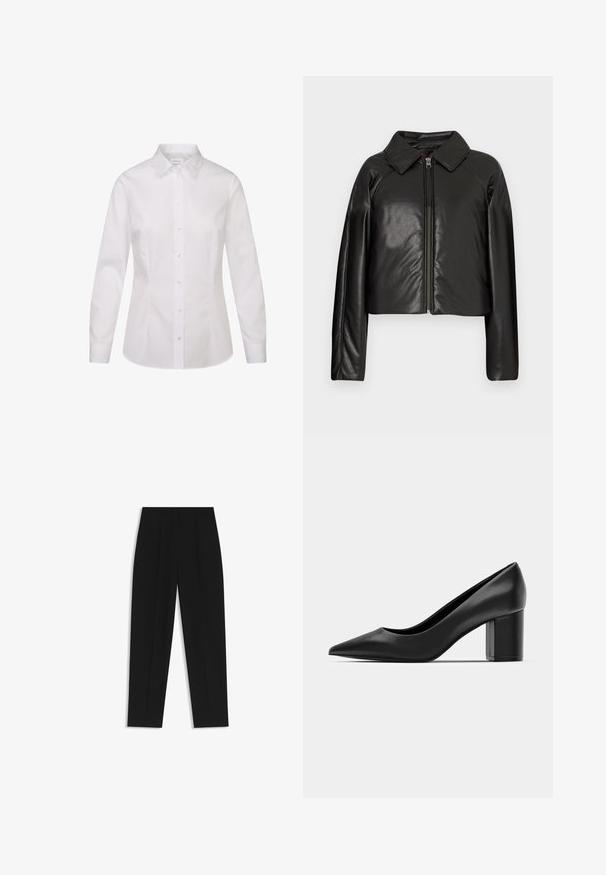 Black faux leather cropped jacket with a collared neckline and zip closure. Features long sleeves and smooth, glossy texture.; White long-sleeve shirt in smooth fabric, featuring a classic collar, button front closure, and a fitted design.; Black trousers with a straight fit, featuring double pleats, a smooth texture, and a classic waistband design. No visible hardware or accents.; Black leather pump with a pointed toe and a chunky square heel. Smooth texture, simple design, suitable for formal settings.