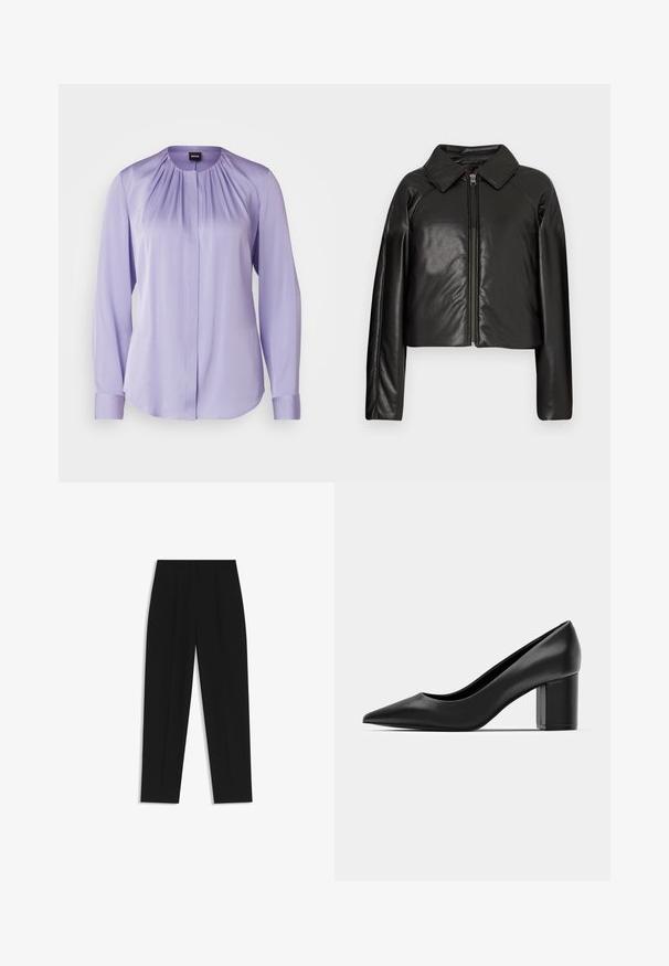 Giacca cropped nera in ecopelle con colletto e chiusura a zip. Caratterizzata da maniche lunghe e una texture liscia e lucida.; BOSS BANORAH - Camicia - medium purple; Pantaloni neri a taglio dritto, con doppie pieghe, una texture liscia e un design classico in vita. Nessun hardware o dettaglio visibile.; Decolleté in pelle nera con punteggiatura e tacco quadrato spesso. Texture liscia, design semplice, adatto per ambienti formali.