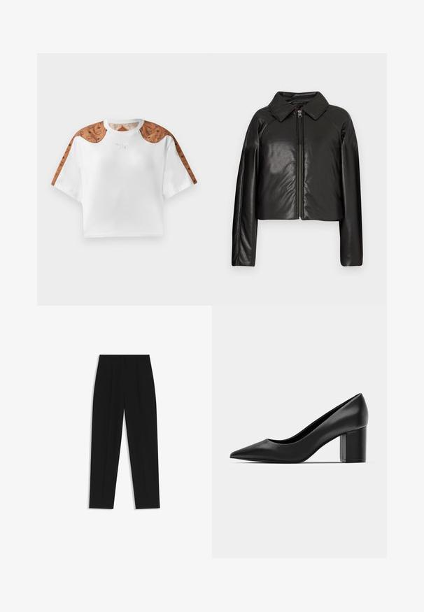 Black faux leather cropped jacket with a collared neckline and zip closure. Features long sleeves and smooth, glossy texture.; Cropped white t-shirt with short sleeves, featuring brown patterned accents on shoulders and a small silver logo on the front.; Black trousers with a straight fit, featuring double pleats, a smooth texture, and a classic waistband design. No visible hardware or accents.; Black leather pump with a pointed toe and a chunky square heel. Smooth texture, simple design, suitable for formal settings.