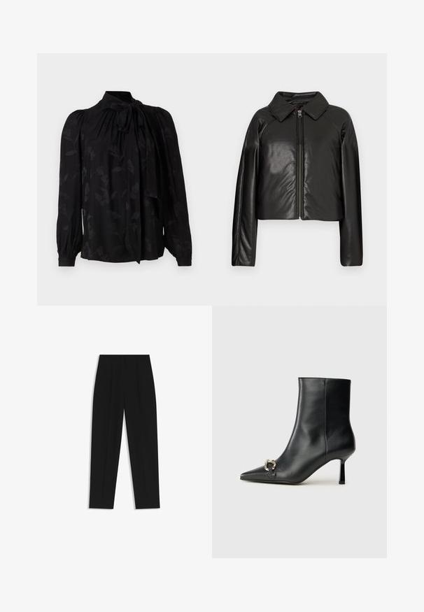 Mustat tekonahkaiset lyhyet takit, joissa on kauluksessa oleva kaulus ja vetoketjukiinnitys. Ominaisuuksiin kuuluu pitkät hihat ja sileä, kiiltävä pinta.; Musta paita, jossa on korkea kaulus ja solmuseikka. Ominaisuuksiin kuuluu hienovarainen kukkakuosi ja puffat pitkät hihat, joissa on kerätty pallo. Suora ja sileä rakenne.; Mustat housut suoran istuvuuden kanssa, joissa on kaksinkertaiset laskokset, sileä pinta ja klassinen vyötärönauhan muotoilu. Ei näkyviä metalliosia tai koristeita.; Musta nahkasaapas nilkkapituisilla, terävillä kärjillä, hoikalla keskipituisella korolla ja hopeavöillä sivussa yksinkertaista taustaa vasten.