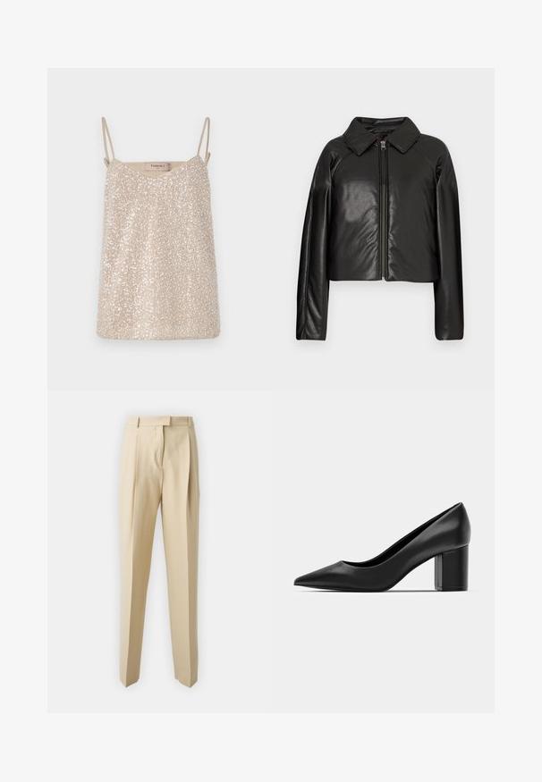 Čierna koženková skrátená bunda s golierom a zipsovým uzáverom. Má dlhé rukávy a hladký, lesklý povrch.; Bežový sekvínový top na ramienka s tenkými pruhmi, s výstrihom do V a jemnou, hladkou textúrou. Na štítku je napísané "TWINSET."; Béžové nohavice na mieru so priamym strihom, s plisovaním, pásom a hladkou textúrou. Žiadne viditeľné vrecká ani ozdoby.; Čierne kožené lodičky s ostrou špičkou a robustným štvorcovým opätkom. Hladká textúra, jednoduchý dizajn, vhodné na formálne príležitosti.