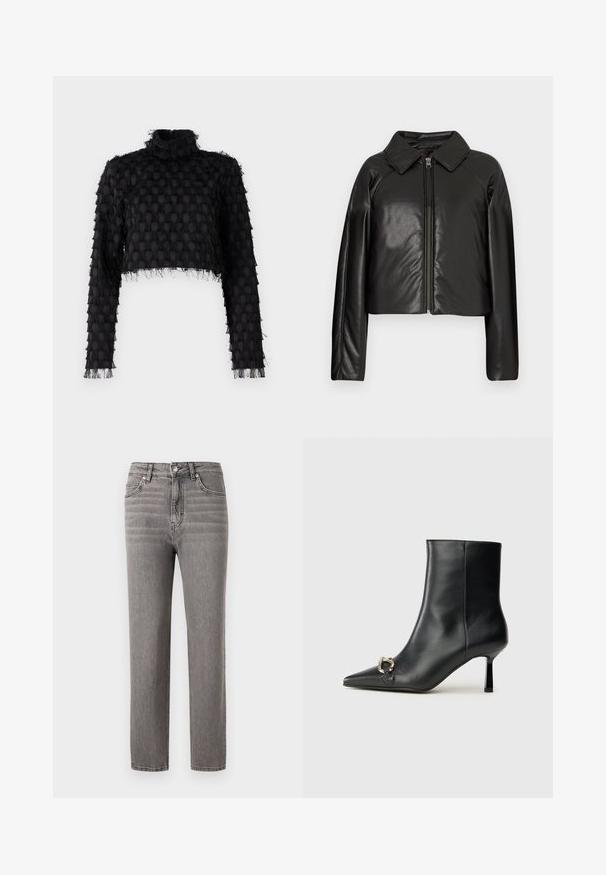 Schwarze Kunstleder-Cropped-Jacke mit Kragen und Reißverschluss. Mit langen Ärmeln und glatter, glänzender Textur.; Schwarzes, kurzes Oberteil mit hohem Kragen, strukturiertem Muster und langen Ärmeln, die an den Kanten ausgefranst sind.; Graue Jeans aus Denim mit einem geraden Schnitt, mittelhoher Taille, fünf Taschen und subtilen vertikalen Nähdetails. Glatte Textur und leicht.; Schwarze Leder-Stiefelette mit spitzer Zehe, schlankem, mittelhohem Absatz und silberner Schnalle seitlich vor einem schlichten Hintergrund.