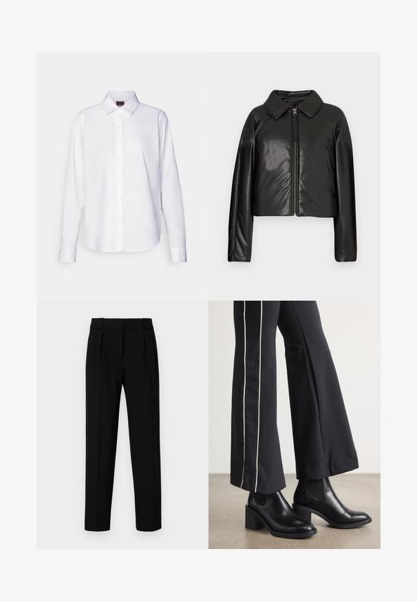 Crna faux kožna skraćena jakna s ovratnikom i zatvaranjem na munju. Ima duge rukave i glatku, sjajnu teksturu.; Bijela košulja dugih rukava s gumbima, izrađena od pamuka. Ima klasičan ovratnik i suptilnu brendiranu vezicu na prsima. Glatka tekstura.; Crne krojene hlače ravnog kroja, s plisiranim prednjim dijelom, poliranim materijalom i srednjim pojasom. Nema vidljivih džepova ili metalnih detalja.; Crne kožne gležnjače s blok petom, s elastičnim bočnim panelima. Uparene s crnim hlačama koje imaju bijelu bočnu prugu.