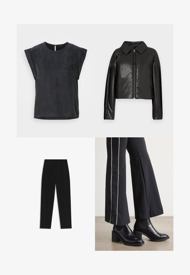 Sort kunstlæder cropped jakke med krave og lynlåslukning. Har lange ærmer og en glat, blank tekstur.; Sort kortærmet top med rund halsudskæring og minimalistisk design. Glat tekstur med en subtil glans, der har en nøglehulslukning i ryggen.; Sorte bukser med lige pasform, der har dobbelte folder, en glat tekstur og et klassisk taljedesign. Ingen synlige hardware eller accenter.; Sorte læder ankelstøvler med blokhæle, udstyret med elastiske sidepaneler. Kombineret med sorte bukser, der har en hvid side stripe.