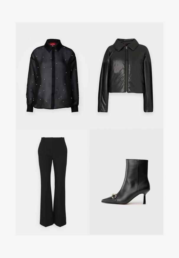 Giacca cropped nera in ecopelle con colletto e chiusura a zip. Caratterizzata da maniche lunghe e una texture liscia e lucida.; Camicia nera trasparente con bottoni e maniche lunghe, caratterizzata da accenti simili a perle distribuiti qui e là e un design classico del colletto.; Pantaloni neri plissettati con un taglio dritto, realizzati in un tessuto morbido. Presentano una vita alta e tasche laterali invisibili.; Stivale alla caviglia in pelle nera con punta affusolata, tacco sottile di media altezza e dettaglio in fibbia argentata sul lato, su sfondo semplice.