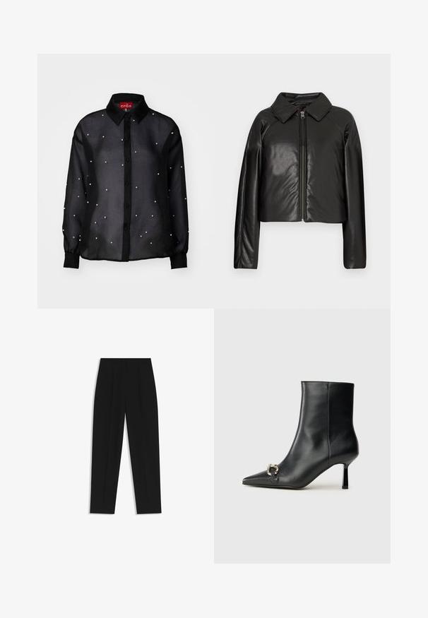 Black faux leather cropped jacket with a collared neckline and zip closure. Features long sleeves and smooth, glossy texture.; Black sheer button-up shirt with long sleeves, featuring pearl-like accents scattered throughout and a classic collar design.; Black trousers with a straight fit, featuring double pleats, a smooth texture, and a classic waistband design. No visible hardware or accents.; Black leather ankle boot with pointed toe, slim mid-height heel, and silver buckle detail on side against plain background.