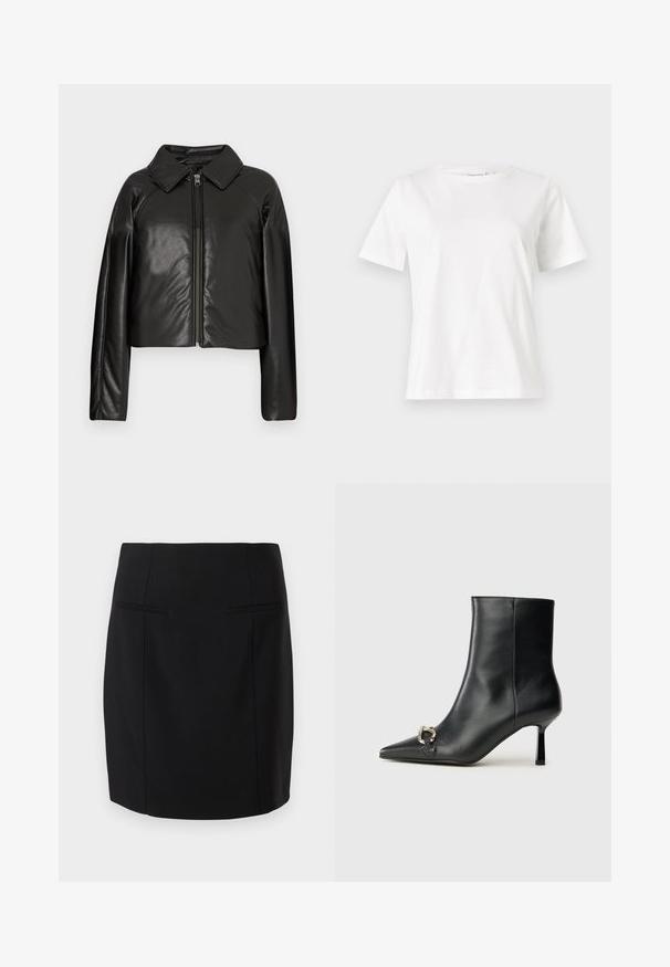 Svart imitationläder kortjacka med krage och dragkedjestängning. Har långa ärmar och en slät, glänsande yta.; Vit bomullströja med korta ärmar, rund halsringning och en avslappnad passform. Slät textur, inga mönster eller detaljer, minimalistisk design.; Svart blyertskjol i slät tyg, med en figursydd design, två framfickor och knälång fåll.; Svart läderankelboot med spetsig tå, smal medelhög klack och silverfärgad spänndetalj på sidan mot en enfärgad bakgrund.