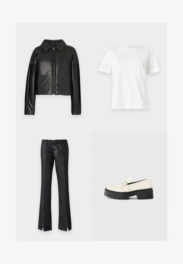 Mustast kunstnahast lühike jakk, millel on kraega kaelus ja tõmblukuga sulgemine. Omab pikki varrukaid ja sujuvat, läikivat tekstuuri.; Valge puuvillane T-särk lühikeste varrukatega, ümmarguse kaelusega ja vabalt istuv. Sile tekstuur, ilma mustrite ja aktsentideta, minimalistik disain.; Mustad mustad püksid läikiva viimistlusega, millel on kaks esikotti ja lõhikute disain säärtel, valmistatud vastupidavast kangast.; Valge nahast loafer, millel on massiivne must platvormi tald, neljakandiline hõbedane pandla ja nähtavalt õmblusdetail ülaserval.