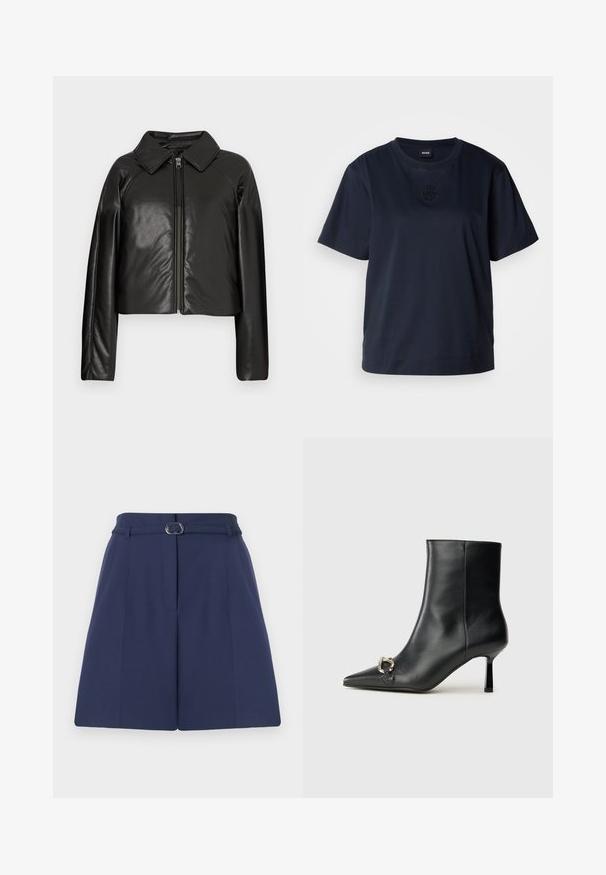 Mustast kunstnahast lühike jakk, millel on kraega kaelus ja tõmblukuga sulgemine. Omab pikki varrukaid ja sujuvat, läikivat tekstuuri.; Tumesinine lühikeste varrukatega T-särk, mis on valmistatud pehmest puuvillast. Omab ümmargust kaelust ja diskreetset tikandiga logo rinna piirkonnas.; Tumedateeritud lahtised navy sinised lühikesed püksid, millel on vöö ja vöörihm, voldid ja sile kangas. Standardne sirge lõige.; Must mustanvärvi nahast pahklinetopp, millel on terav nina, peen keskmise kõrgusega konts ja hõbedane keha detail külgedel, taustal lihtne taust.