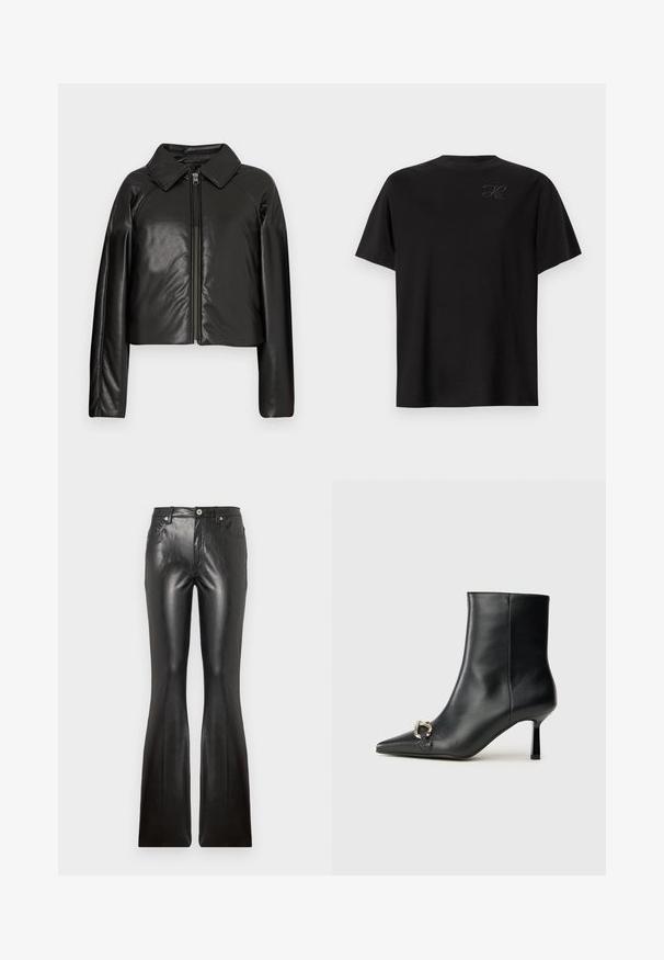 Μαύρο ψεύτικο δερμάτινο cropped μπουφάν με γιακά και κούμπωμα με φερμουάρ. Διαθέτει μακριά μανίκια και λεία, γυαλιστερή υφή.; Μαύρη βαμβακερή μπλούζα με κοντό μανίκι και σχέδιο crew neck, που διαθέτει μικρό, μονοχρωματικό λογότυπο στο επάνω αριστερό μέρος. Λείο υλικό.; Μαύρο leather παντελόνι με καμπάνα που διαθέτει λεία υφή, πέντε τσέπες, κλείσιμο μπροστά με κουμπί και στενή γραμμή στα μηριά.; Μαύρο δερμάτινο μποτάκι ζωής με κομψή μύτη, λεπτό μεσαίου ύψους τακούνι και ασημένια λεπτομέρεια με πόρπη στο πλάι, σε απλό φόντο.