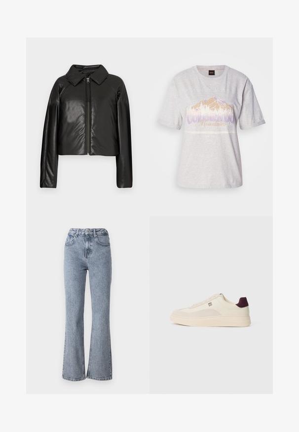 Črna jakna iz umetnega usnja s kratkim krojem, z ovratnikom in zadrgo. Ima dolge rokave in gladko, sijajno teksturo.; Svetlo siva bombažna majica s kratkimi rokavi, ki ima grafiko gore in napis v vijolični in bež barvi. Okrogel izrez, sproščen kroj.; Široke svetlo modre kavbojke iz denima, z visokim pasom, sprednjimi žepi in klasičnim petim žepom ter rahlimi madeži. ; Kremne usnjene superge z teksturirano bež kapico na prstih in burgundskim poudarkom na peti. Imajo ravne vezalke in subtilno logotipno podrobnost.