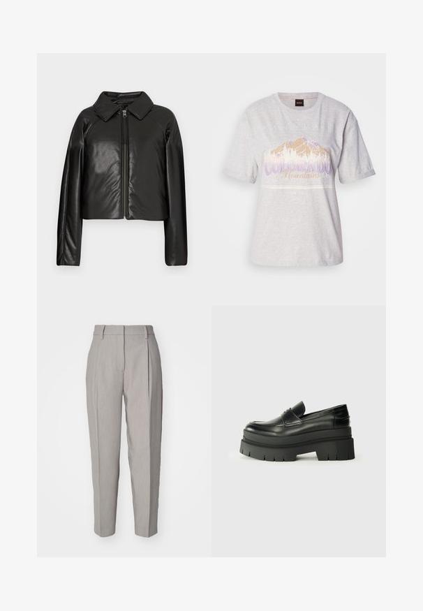 Chaqueta corta de imitación piel negra con cuello con solapa y cierre de cremallera. Presenta mangas largas y una textura suave y brillante.; Camiseta de algodón gris claro con mangas cortas, que presenta un gráfico de montaña y texto en púrpura y beige. Cuello redondo, corte relajado.; Pantalones de corte recto en gris claro con una textura suave, frente plisado y diseño de pierna recta. Presentan trabillas para cinturón y un acabado pulido.; Mocasines de cuero negro con suela de plataforma contundente. Punta redondeada, detalle de costura en la parte delantera y sutiles acentos de costura. Suela plana y texturizada.