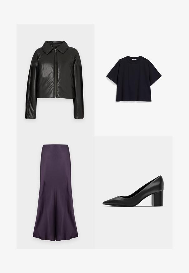 Melnā mākslīgā āda īsā jaka ar apkakles apkakli un rāvējslēdzēja aizdari. Iespējas garas piedurknes un gluda, spīdīga tekstūra.; Navy zila īsām piedurknēm T-kreklu, izgatavots no mīksta kokvilnas, ar brīvu piegriezumu, apaļu kakla izgriezumu un minimālistisku dizainu. Nav redzamu rakstu vai akcentu.; Violets violets satīna svārki ar izplestu apakšmalu, gluda tekstūra un pieguloša jostasvieta. Izstrādāts ar mērķi radīt gludu, plūstošu siluetu.; Melnas ādas kurpes ar smailu purngalu un masīvu kvadrātveida papēdi. Gluda tekstūra, vienkāršs dizains, piemērots oficiālām vidēm.