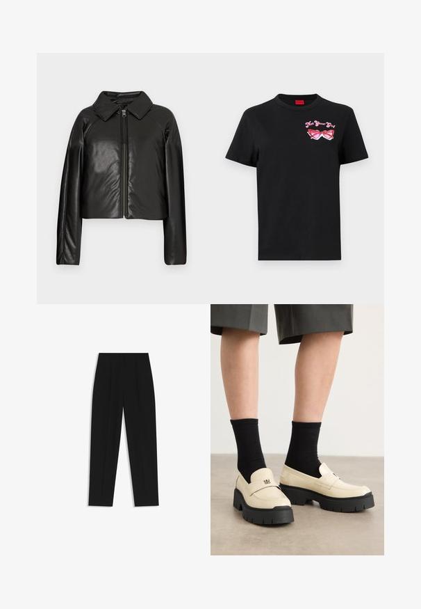 Black faux leather cropped jacket with a collared neckline and zip closure. Features long sleeves and smooth, glossy texture.; Black cotton t-shirt with short sleeves featuring a pink graphic of sunglasses and text "Not Your Girl" on the left chest area.; Black trousers with a straight fit, featuring double pleats, a smooth texture, and a classic waistband design. No visible hardware or accents.; Beige leather loafers with a chunky black sole, rectangular shape, and front band. Worn with black crew socks. Textured surface detail.