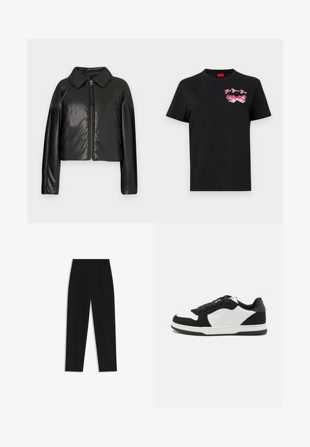 Schwarze Kunstleder-Cropped-Jacke mit Kragen und Reißverschluss. Mit langen Ärmeln und glatter, glänzender Textur.; Schwarzes Baumwoll-T-Shirt mit kurzen Ärmeln, das auf der linken Brustseite eine pinkfarbene Grafik von Sonnenbrillen und den Text "Not Your Girl" zeigt.; Schwarze Hose mit geradem Schnitt, doppelten Falten, einer glatten Textur und einem klassischen Bunddesign. Keine sichtbaren Beschläge oder Akzente.; Schwarz-weiße Sneakers mit einem strukturierten Wildleder-Obermaterial, glatten Lederakzenten, runder Spitze und einer Gummisohle mit einem Profil-Design.