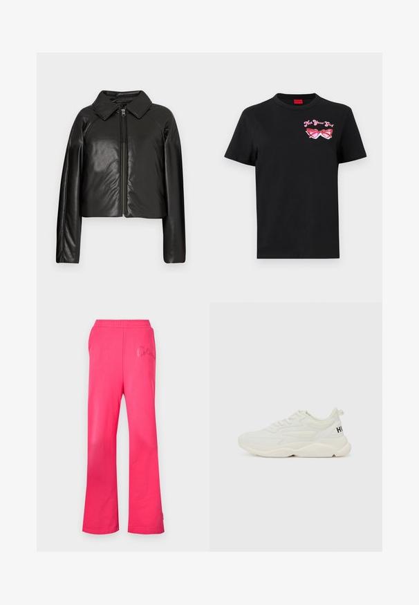 Černá faux kůže zkrácená bunda s límečkem a zipem. Obsahuje dlouhé rukávy a hladký, lesklý povrch.; Černé bavlněné tričko s krátkými rukávy, které má na levé straně hrudi růžovou grafiku slunečních brýlí a text "Nejsem tvoje holka".; Růžové kalhoty uvolněného střihu vyrobené z měkké bavlny. Obsahují elastický pas a výšivku loga na přední straně.; Bílé sportovní tenisky s kombinací hladkých a strukturovaných materiálů. Mají robustní podešev a logo "HUGO" na patě. Šněrovací design.
