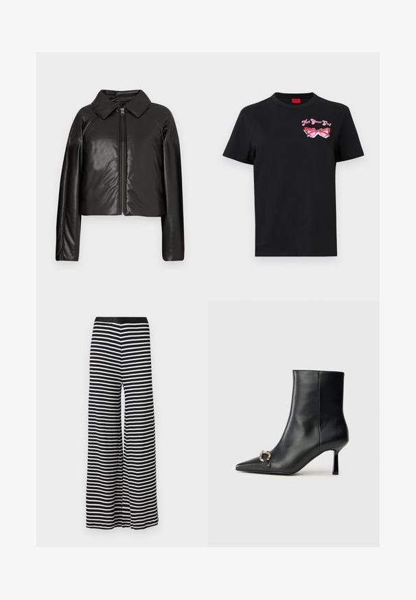 Zwarte faux leren cropped jack met een kraag en ritssluiting. Heeft lange mouwen en een soepele, glanzende textuur.; Zwarte katoenen t-shirt met korte mouwen, featuring een roze grafiek van een zonnebril en de tekst "Not Your Girl" op de linkerborst.; Zwart-wit gestreepte wijde broek met een gladde textuur en een elastische tailleband, met een comfortabele pasvorm en naaddetails.; Zwarte leren enkelboot met spitse neus, slanke middenhoge hak en zilveren gespdetail aan de zijkant op een effen achtergrond.