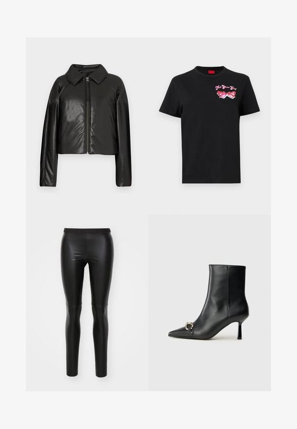 Schwarze Kunstleder-Cropped-Jacke mit Kragen und Reißverschluss. Mit langen Ärmeln und glatter, glänzender Textur.; Schwarzes Baumwoll-T-Shirt mit kurzen Ärmeln, das auf der linken Brustseite eine pinkfarbene Grafik von Sonnenbrillen und den Text "Not Your Girl" zeigt.; Schwarze Leggings aus glattem, dehnbarem Material mit hohem Bund. Figurbetontes Design, nahtlose Verarbeitung und keine sichtbaren Taschen.; Schwarze Leder-Stiefelette mit spitzer Zehe, schlankem, mittelhohem Absatz und silberner Schnalle seitlich vor einem schlichten Hintergrund.