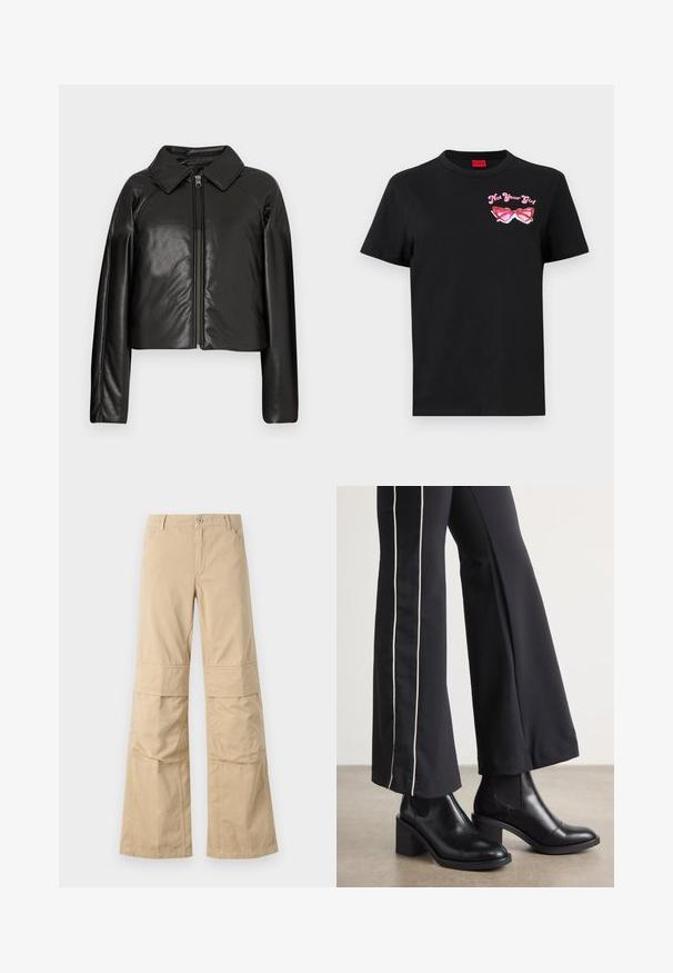Schwarze Kunstleder-Cropped-Jacke mit Kragen und Reißverschluss. Mit langen Ärmeln und glatter, glänzender Textur.; Schwarzes Baumwoll-T-Shirt mit kurzen Ärmeln, das auf der linken Brustseite eine pinkfarbene Grafik von Sonnenbrillen und den Text "Not Your Girl" zeigt.; Beige weite Hosen mit lockerer Passform, aus Baumwolle gefertigt, mit sichtbaren Nähten, vorderen Taschen und einem Knopfverschluss.; Schwarze Lederstiefeletten mit einem Blockabsatz, ausgestattet mit elastischen seitlichen Einsätzen. Kombiniert mit schwarzen Hosen, die einen weißen Seitenstreifen haben.