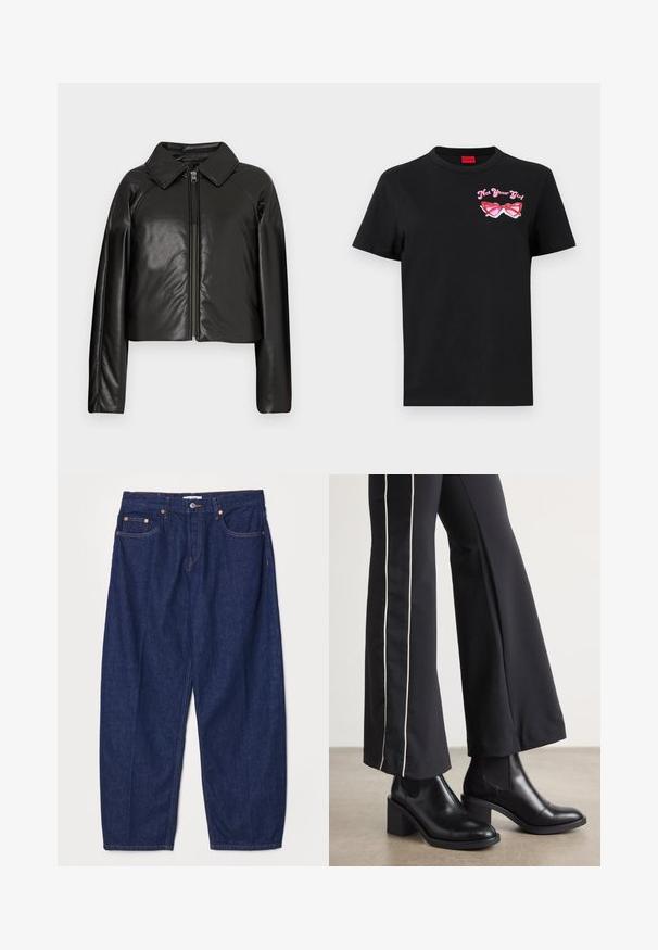 Black faux leather cropped jacket with a collared neckline and zip closure. Features long sleeves and smooth, glossy texture.; Black cotton t-shirt with short sleeves featuring a pink graphic of sunglasses and text "Not Your Girl" on the left chest area.; RE/DONE WIDE TAPER - Relaxed fit jeans - deadstock like; Black leather ankle boots with a block heel, featuring elastic side panels. Paired with black pants that have a white side stripe.