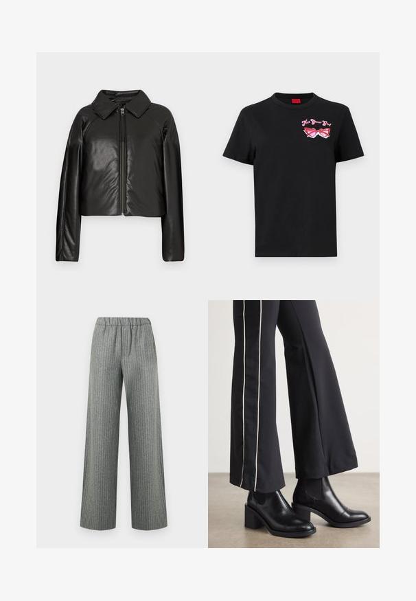 Black faux leather cropped jacket with a collared neckline and zip closure. Features long sleeves and smooth, glossy texture.; Black cotton t-shirt with short sleeves featuring a pink graphic of sunglasses and text "Not Your Girl" on the left chest area.; Gray pinstripe wide-leg trousers with elastic waistband, front pockets, and a straight cut.; Black leather ankle boots with a block heel, featuring elastic side panels. Paired with black pants that have a white side stripe.