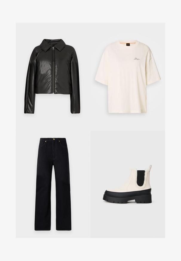 Mustast kunstnahast lühike jakk, millel on kraega kaelus ja tõmblukuga sulgemine. Omab pikki varrukaid ja sujuvat, läikivat tekstuuri.; Valge üle mõõtme T-särk pehmest kangast, ümarate kaelustega ja lühikeste varrukatega, esiküljel väike must "Boss" logo.; Mustadest denimist püksid sirge lõikega, kõrge vöökohaga, viie taskuga, kuldsete detailidega ja peente õmbluselementidega.; Paksude platvormi ankle saapad valge ülaosa, musta kummitald ja kontrastsed mustad elastsed külgpaneelid. Ülemise serva pehme-puuvillane äär.