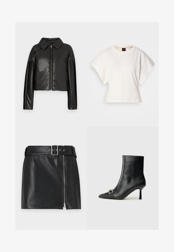 Giacca cropped nera in ecopelle con colletto e chiusura a zip. Caratterizzata da maniche lunghe e una texture liscia e lucida.; T-shirt bianca cropped, maniche corte e larghe, tessuto di cotone morbido, scollatura rotonda con bordino arancione sottile, design minimale, senza motivi o grafiche.; Minigonna in pelle nera con finitura texturizzata, dotata di una cintura larga con fibbia argentata e chiusura laterale con zip.; Stivale alla caviglia in pelle nera con punta affusolata, tacco sottile di media altezza e dettaglio in fibbia argentata sul lato, su sfondo semplice.
