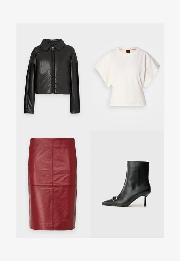 Čierna koženková skrátená bunda s golierom a zipsovým uzáverom. Má dlhé rukávy a hladký, lesklý povrch.; Biely skrátený tričko, krátke široké rukávy, mäkký bavlnený materiál, okrúhly výstrih s jemným oranžovým lemovaním, minimalistický dizajn, bez vzorov alebo grafiky.; 2nd Day JAYAN - Kožená sukňa - biking red; Čierna kožená členková obuv s špicatou špičkou, štíhlým stredne vysokým podpätkom a striebornou sponou na boku na jednoduchom pozadí.