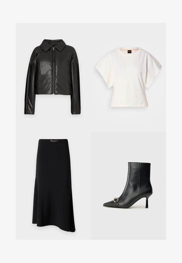 Schwarze Kunstleder-Cropped-Jacke mit Kragen und Reißverschluss. Mit langen Ärmeln und glatter, glänzender Textur.; Weißes, kurzes T-Shirt, kurze weite Ärmel, weicher Baumwollstoff, runder Ausschnitt mit subtilen orangefarbenen Akzenten, minimales Design, keine Muster oder Grafiken.; Schwarzer Midirock mit A-Linien-Form, aus glattem Stoff gefertigt, mit einem dekorativen goldenen Kettenakzent am Taillenbund.; Schwarze Leder-Stiefelette mit spitzer Zehe, schlankem, mittelhohem Absatz und silberner Schnalle seitlich vor einem schlichten Hintergrund.