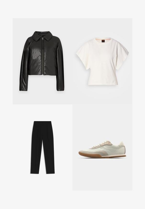 Zwarte faux leren cropped jack met een kraag en ritssluiting. Heeft lange mouwen en een soepele, glanzende textuur.; Witte gecropte T-shirt, korte brede mouwen, zachte katoenmaterialen, ronde halslijn met subtiele oranje rand, minimalistisch ontwerp, geen patronen of graphics.; Zwarte broeken met een rechte pasvorm, voorzien van dubbele plooien, een zachte textuur en een klassiek taillebandontwerp. Geen zichtbare hardware of accenten.; Witte en beige sneaker met een gladde bovenkant en suède accenten, een gestructureerde zool en tonale stiksels. Vetersluiting met logo-detaillering.