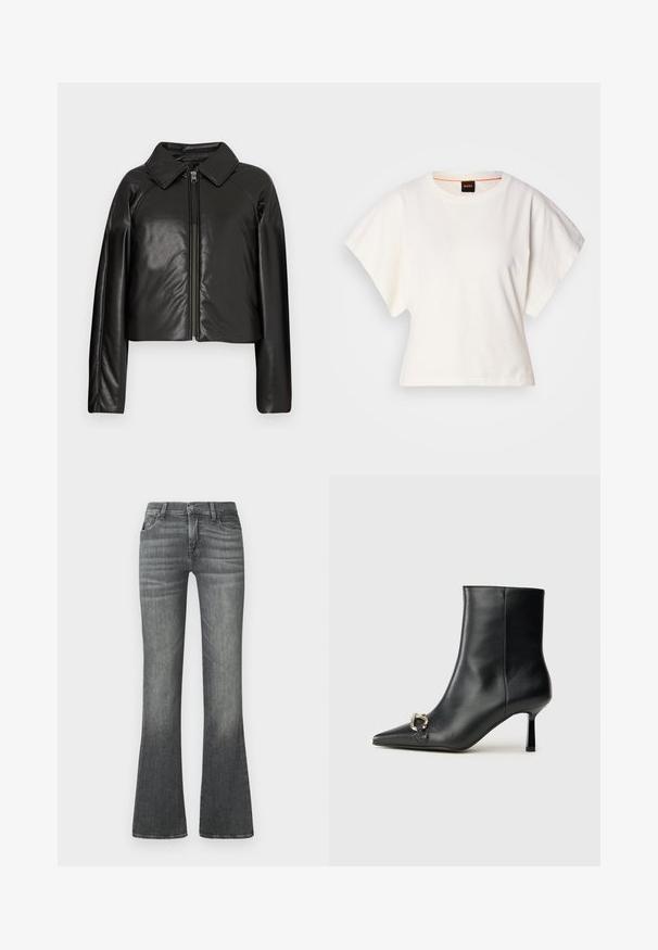 Černá faux kůže zkrácená bunda s límečkem a zipem. Obsahuje dlouhé rukávy a hladký, lesklý povrch.; Bílý zkrácený T-shirt, krátké široké rukávy, měkký bavlněný materiál, kulatý výstřih s jemným oranžovým lemováním, minimalistický design, bez vzorů nebo grafik.; Šedé rozšířené džíny vyrobené z denimu, s mírně vysokým pasem, jemným vyblednutím a klasickým pětikapsovým designem.; Černá kožená kotníková bota s špičatou špičkou, úzkým středně vysokým podpatkem a stříbrnou sponou na straně, na jednobarevném pozadí.