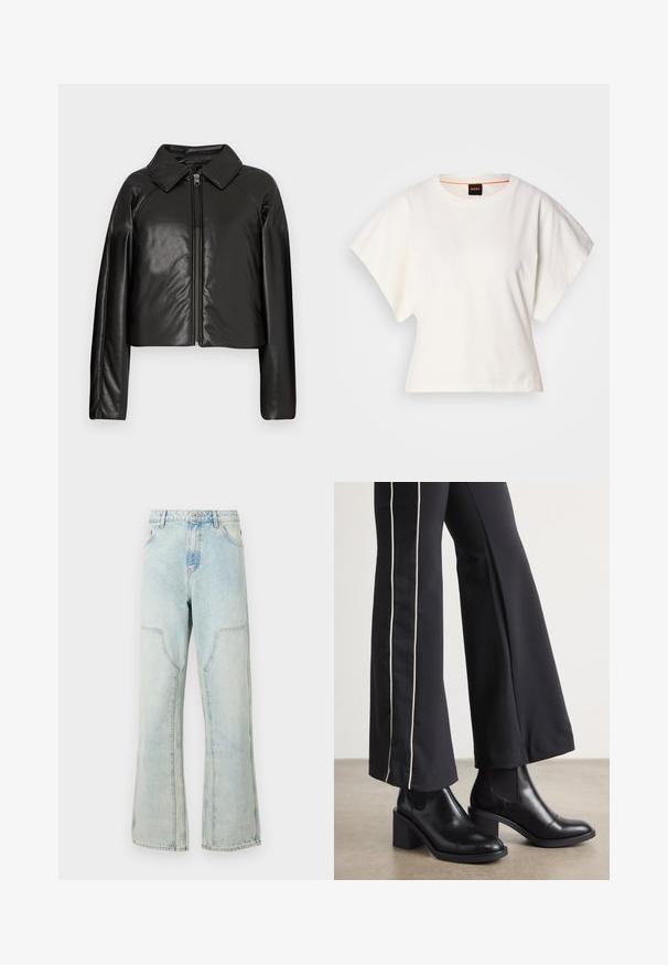 Črna jakna iz umetnega usnja s kratkim krojem, z ovratnikom in zadrgo. Ima dolge rokave in gladko, sijajno teksturo.; Bela skrajšana majica s kratkimi širokimi rokavi, mehka bombažna tkanina, okrogla ovratnica z diskretnim oranžnim robom, minimalističen dizajn, brez vzorcev ali grafike.; Svetlo modri džinsi iz denima z ohlapnim krojem, širokimi hlačnicami in sprednjimi žepi. Imajo gumb za zapiranje in zanke za pas.; Črne usnjene gležnjarje s blok peto, z elastičnimi stranskimi paneli. Kombinirane s črnimi hlačami, ki imajo bele stranske črte.