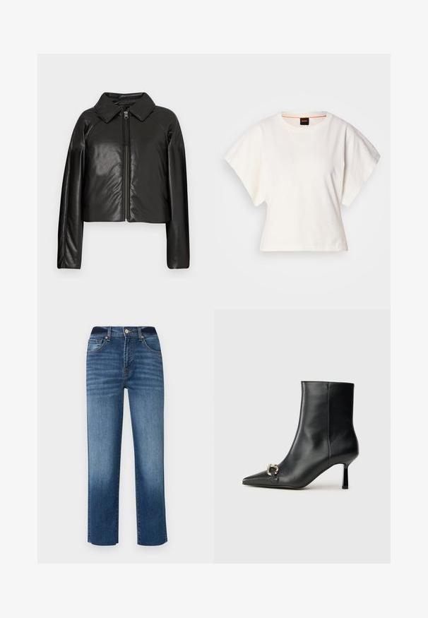 Crna faux kožna skraćena jakna s ovratnikom i zatvaranjem na munju. Ima duge rukave i glatku, sjajnu teksturu.; Bijeli skraćeni T-shirt, široke kratke rukave, mekani pamučni materijal, okrugli izrez s suptilnim narančastim detaljem, minimalistički dizajn, bez uzoraka ili grafika.; Tamno plave traperice s ravnim nogavicama, pet džepova i suptilnim izbljeđivanjem. Maju dugme za zatvaranje i šivane detalje.; Crne kožne gležnjače s nazupčanim prstom, uskim srednje visokim potpeticama i detaljem srebrne kopče sa strane na jedinstvenoj pozadini.