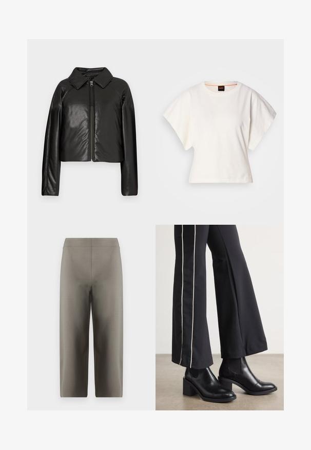 Jaqueta cropped de couro sintético preta com gola e fecho de zíper. Apresenta mangas longas e uma textura lisa e brilhante.; T-shirt branco cropped, mangas curtas e largas, material de algodão suave, decote redondo com um discreto acabamento laranja, design minimalista, sem padrões ou gráficos.; DRYKORN SEAL - Calças - green; Botas de tornozelo em couro preto com um salto bloco, apresentando painéis laterais elásticos. Combinadas com calças pretas que têm uma faixa lateral branca.