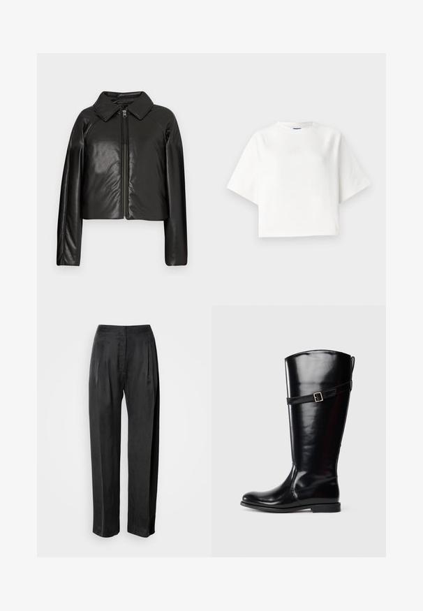 Melnā mākslīgā āda īsā jaka ar apkakles apkakli un rāvējslēdzēja aizdari. Iespējas garas piedurknes un gluda, spīdīga tekstūra.; Balts pārāk liels t-krekls ar īsām raglanu piedurknēm, izgatavots no mīksta auduma. Iezīmēts ar smalku logotipu uz krūts un apaļu kakla izgriezumu.; Melnas platu kāju bikses no gludas auduma, ar priekšējām kroku locījumiem, rāvējslēdzēja aizdari un klasisku jostasvietas dizainu.; Garšs melns ādas zābaks ar zemu papēdi un dekoratīvu jostu ar sudraba sprādzi ap augšstilbu.