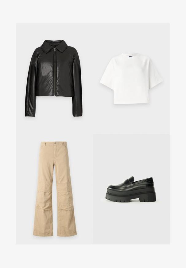 Melnā mākslīgā āda īsā jaka ar apkakles apkakli un rāvējslēdzēja aizdari. Iespējas garas piedurknes un gluda, spīdīga tekstūra.; Balts pārāk liels t-krekls ar īsām raglanu piedurknēm, izgatavots no mīksta auduma. Iezīmēts ar smalku logotipu uz krūts un apaļu kakla izgriezumu.; Beige krēmo bikses ar plašu piegriezumu, izgatavotas no kokvilnas, ar redzamajām šuvēm, priekšējiem kabatām un pogu aizdari.; Melnas ādas loafers ar masīvu platformas zoli. Noapaļota purngala forma, priekšējā šuvju detaļa un smalki šuvju akcenti. Plakana, teksturēta zole.