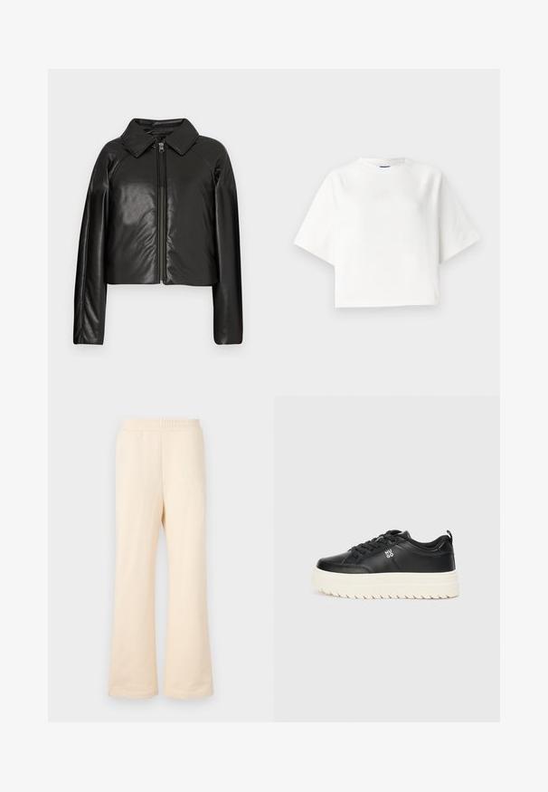 Čierna koženková skrátená bunda s golierom a zipsovým uzáverom. Má dlhé rukávy a hladký, lesklý povrch.; Biela voľná tričko s krátkymi raglánovými rukávmi, vyrobené z mäkkého materiálu. Obsahuje jemné logo na hrudi a okrúhly výstrih.; Béžové široké teplákové nohavice vyrobené z mäkkej bavlny, s elastickým pásom a jemne vyšitým logom na ľavej prednej strane.; Čierne kožené tenisky s masívnou bielou podrážkou, okrúhlou špičkou a plochými šnúrkami; na boku sa nachádza logo "HUGO" a textúrovaná podrážka pre lepšiu priľnavosť.