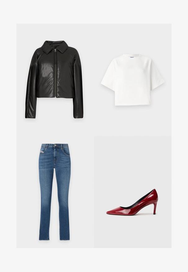 Černá faux kůže zkrácená bunda s límečkem a zipem. Obsahuje dlouhé rukávy a hladký, lesklý povrch.; Bílé oversized tričko s krátkými raglánovými rukávy, vyrobené z měkké látky. Má decentní logo na hrudi a kulatý výstřih.; Modré denimové džíny s rovnýcm střihem, designem se pěti kapsami, zapínáním na knoflík a jemným zesvětlením. Hladká textura a čistý lem.; Červená lakovaná vysoká bota na podpatku s špičatou špičkou a úzkým podpatkem. Hladký povrch s lesklým finišem a černým vnitřním podšíváním.