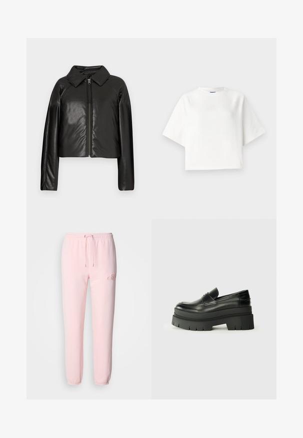 Schwarze Kunstleder-Cropped-Jacke mit Kragen und Reißverschluss. Mit langen Ärmeln und glatter, glänzender Textur.; Weiße, übergroße T-Shirt mit kurzen Raglanärmeln aus weichem Stoff. Verfügt über ein dezentes Logo auf der Brust und einen runden Ausschnitt.; Hellrosa Sweatpants aus weichem Material, mit einem elastischen Bund und Kordelzug, schmal zulaufenden Bündchen und dezentem gesticktem Logodetail.; Schwarze Lederloafer mit einer klobigen Plateausohle. Abgerundete Spitze, Nahtdetail auf der Vorderseite und dezente Nähte. Flache, strukturierte Außensohle.