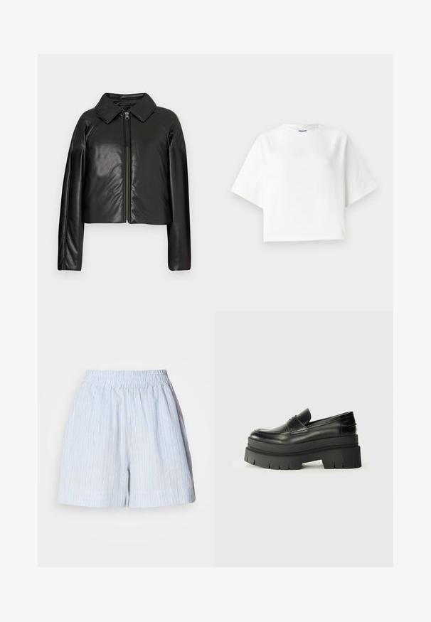 Black faux leather cropped jacket with a collared neckline and zip closure. Features long sleeves and smooth, glossy texture.; White oversized t-shirt with short raglan sleeves, made of soft fabric. Features a subtle logo on the chest and a round neckline.; Light blue shorts with vertical white and dark blue stripes. Features an elastic waistband and a relaxed fit. Made from a soft material.; Black leather loafers with a chunky platform sole. Rounded toe, front seam detail, and subtle stitching accents. Flat, textured outsole.