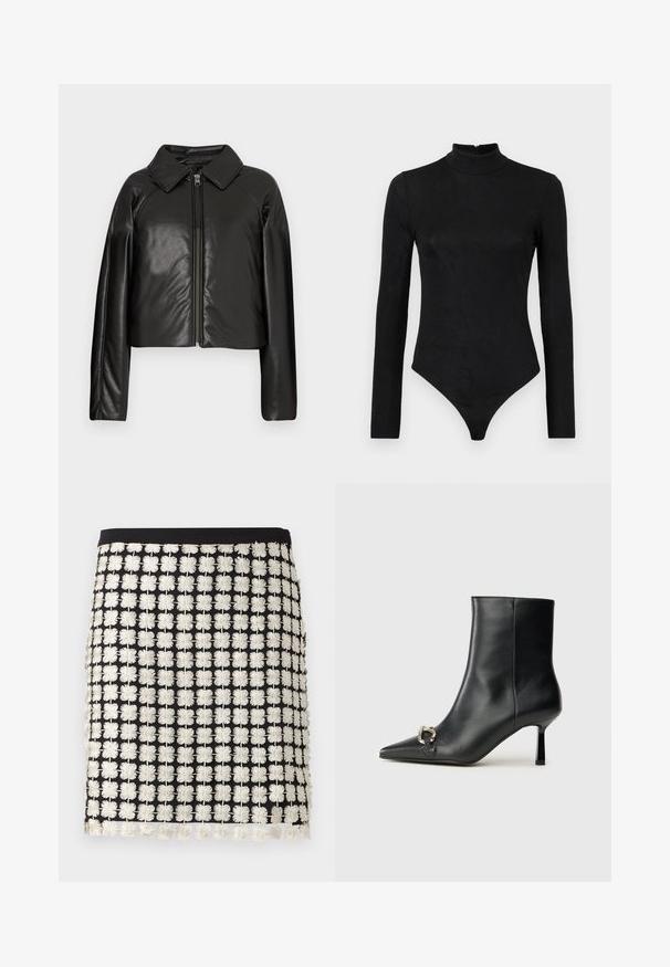 Veste cropped en simili cuir noir avec un col et fermeture zippée. Dispose de longues manches et d'une texture lisse et brillante.; Body noir à manches longues avec un col montant et une texture subtile. Comprend une fermeture éclair au dos et un design de bas en thong.; Jupe noire au design structuré, ornée de motifs brodés floraux blancs. Les accents comprennent des détails en frange le long de l'ourlet et une taille ajustée.; Bottine en cuir noir avec un bout pointu, un talon moyen fin et un détail de boucle en argent sur le côté, se détachant sur un fond uni.
