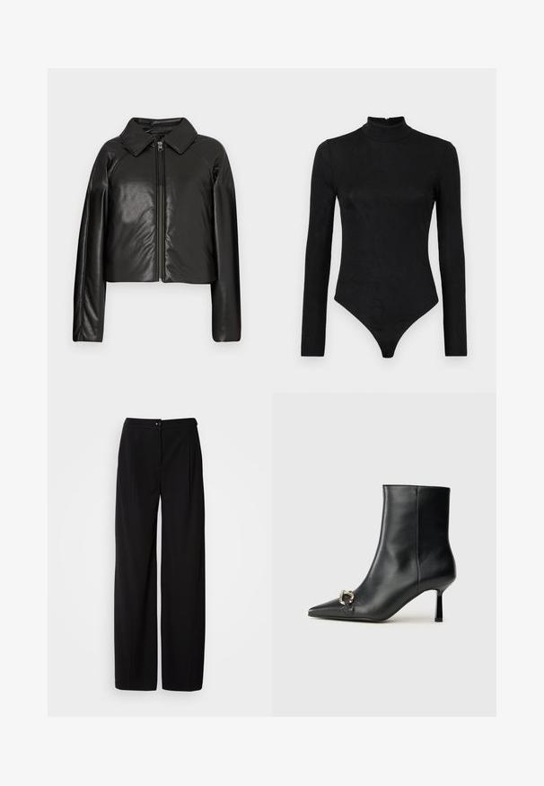 Jaqueta cropped de couro sintético preta com gola e fecho de zíper. Apresenta mangas longas e uma textura lisa e brilhante.; Body preto de manga longa com gola alta e textura subtil. Apresenta um fecho nas costas e um design de fundo tipo fio dental.; Calças largas pretas em tecido liso e tecido; com fecho de botão e design plissado para uma silhueta estruturada.; Bota preta de couro até ao tornozelo com bico apontado, salto slim de altura média e detalhe em fivela prateada de lado, contra um fundo simples.